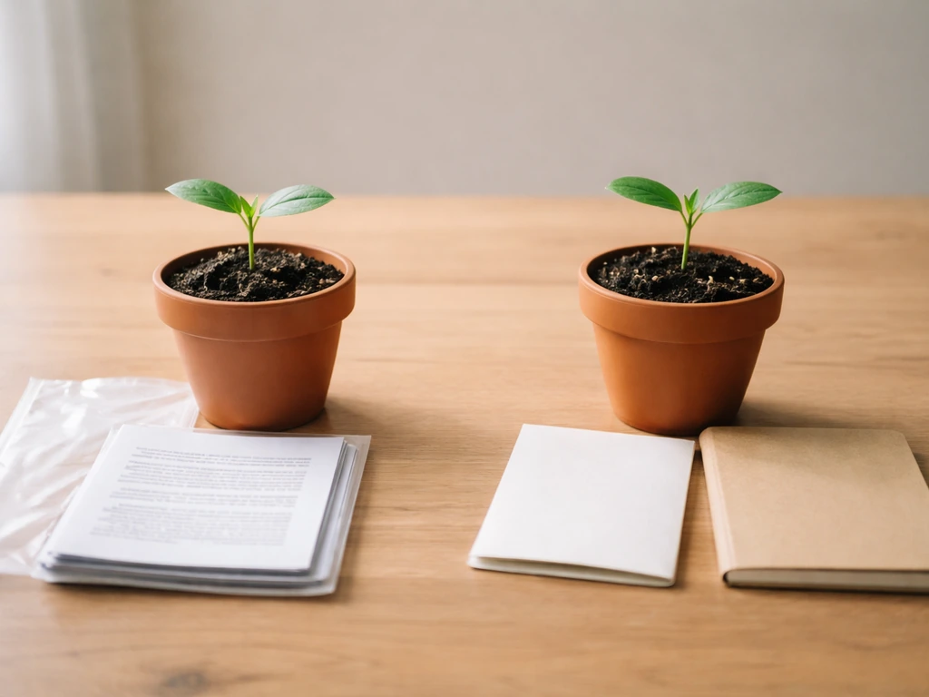 Two small plants on a table with one clearly documented and the other with ambiguous origin cues.