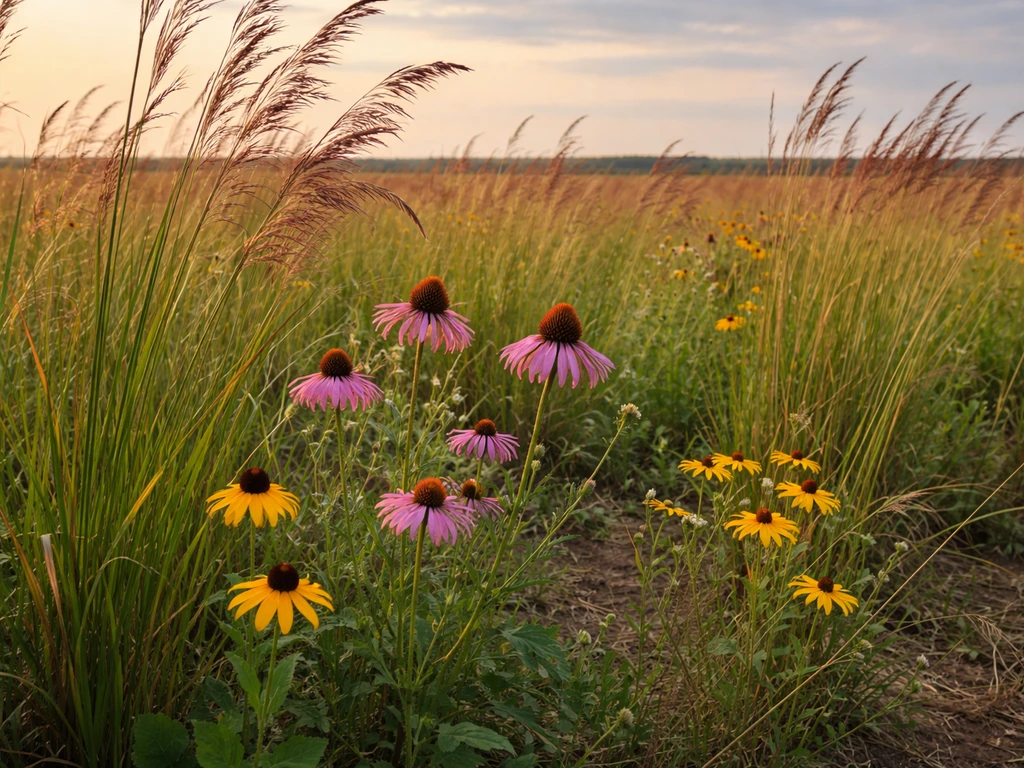 Tallgrass prairie with big bluestem grass and blooming purple coneflower and black-eyed Susan in natural light.