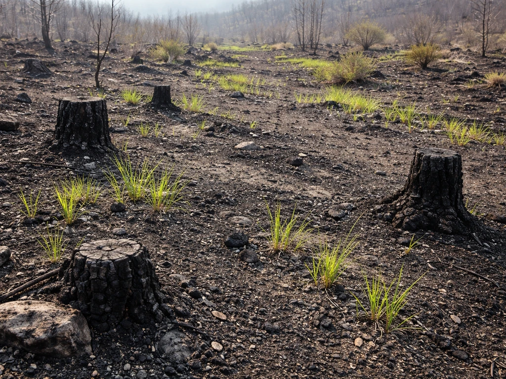 Young green shoots and grasses sprouting from blackened ground with charred stumps after a wildfire