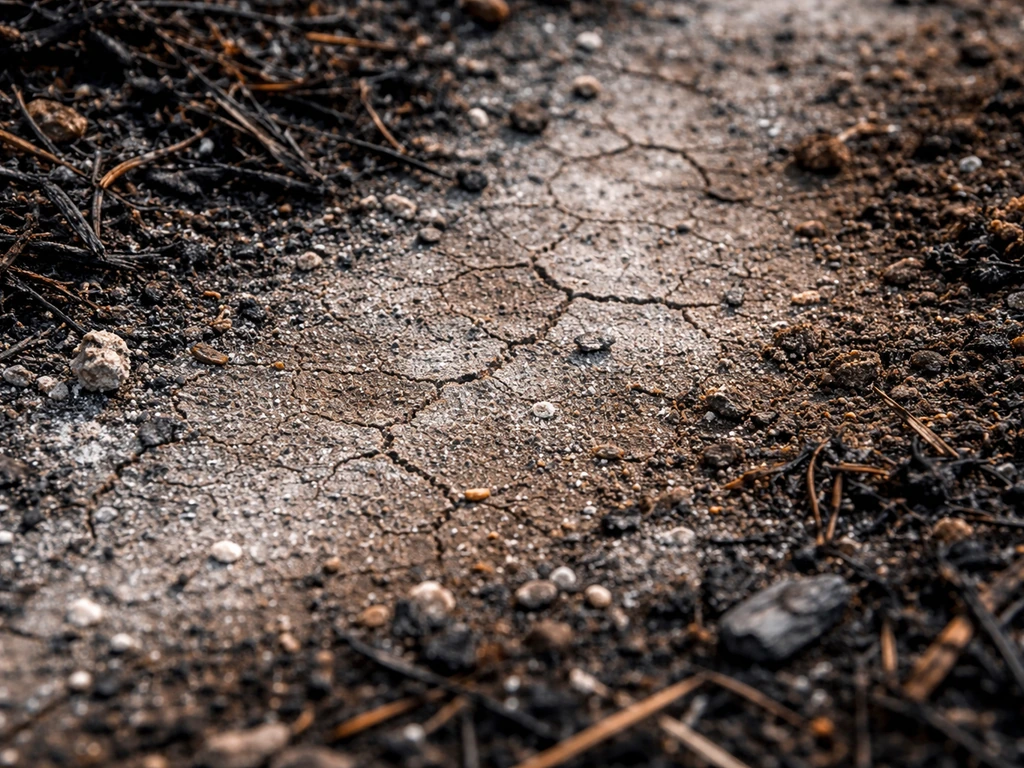 Close-up of charred litter and ash-covered soil with a cracked, moisture-affected crust.