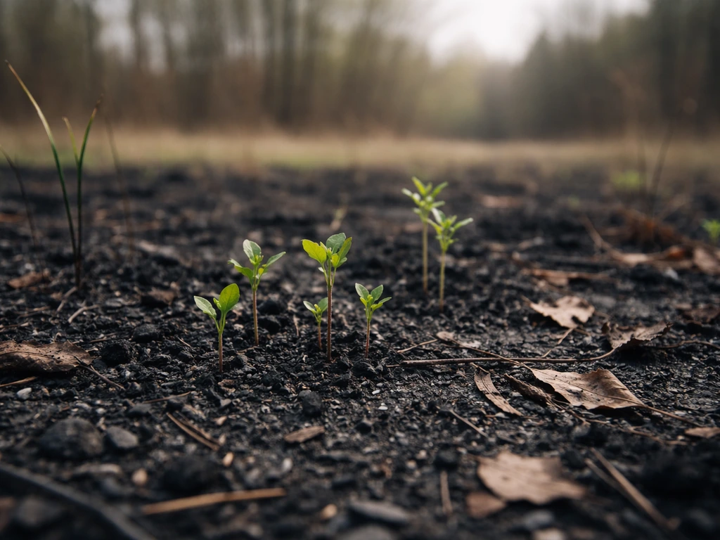Charred ground with small green pioneer seedlings sprouting after a fire, with muted trees in the distance.