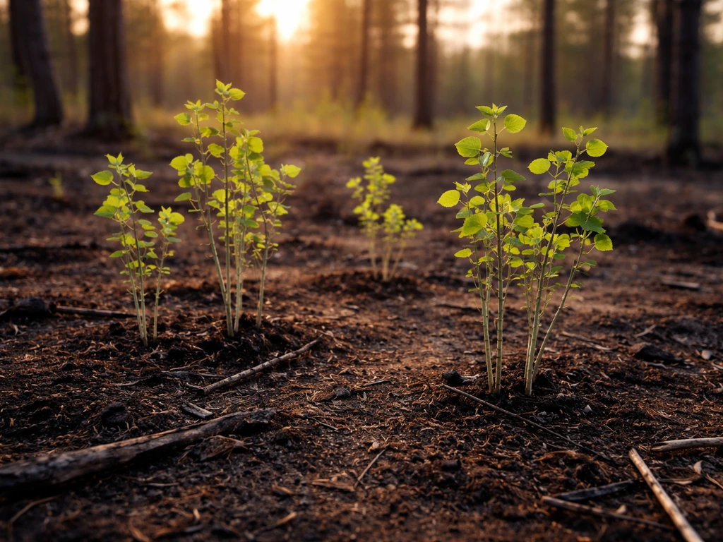 Young aspen saplings sprouting on a previously burned forest floor with sunlight and new green growth