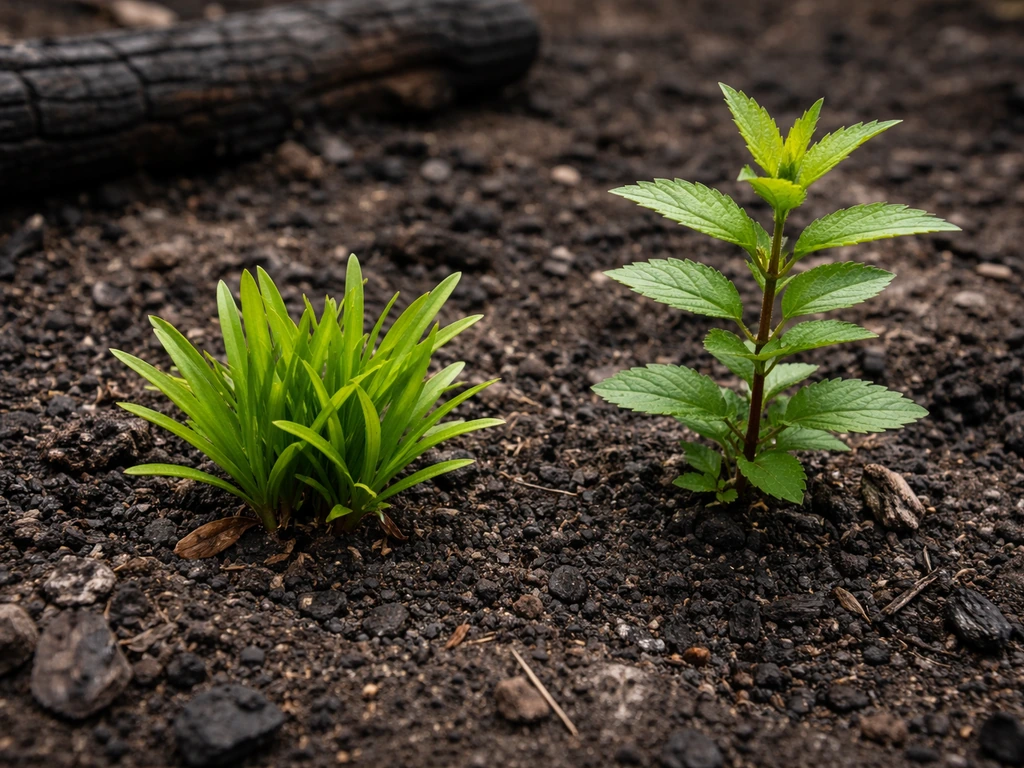 After-fire ground showing two small seedlings side-by-side: one native-like resprouter and one invasive-looking sprout.