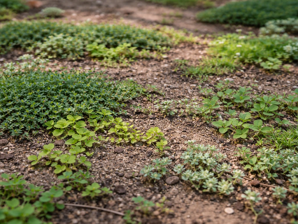 Low-growing groundcover plants spreading over bare soil at ground level.