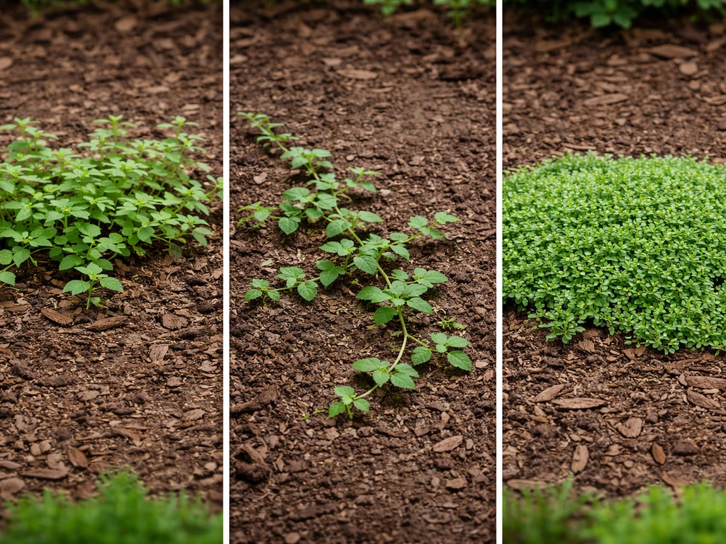 Three separated garden patches showing groundcover, creeping runners, and a prostrate mat on soil.