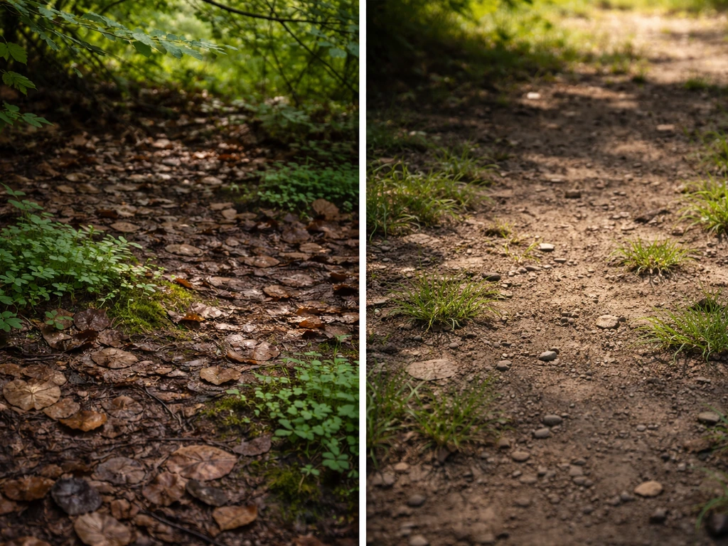 Split view of forest floor leaf litter in shade vs open sunny soil showing low groundcover-like growth.