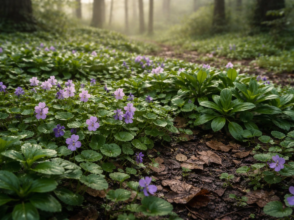 Moist shaded forest floor with dense low native groundcover plants and soft green foliage