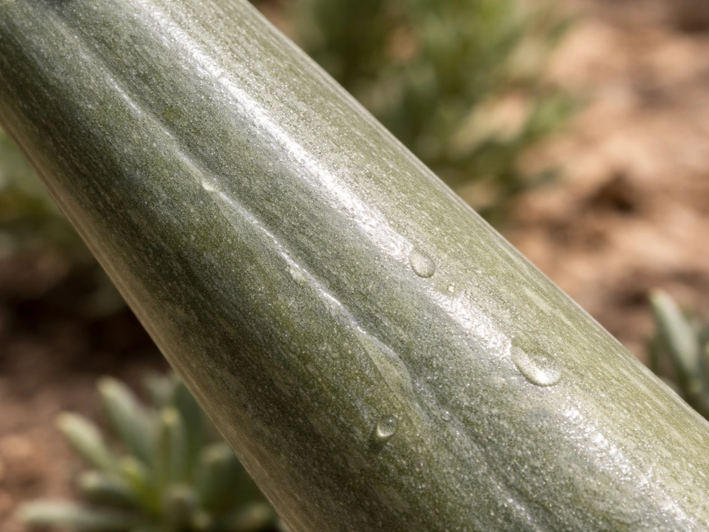 Macro close-up of a xerophyte’s thick waxy, glossy leaf or stem surface in natural light.
