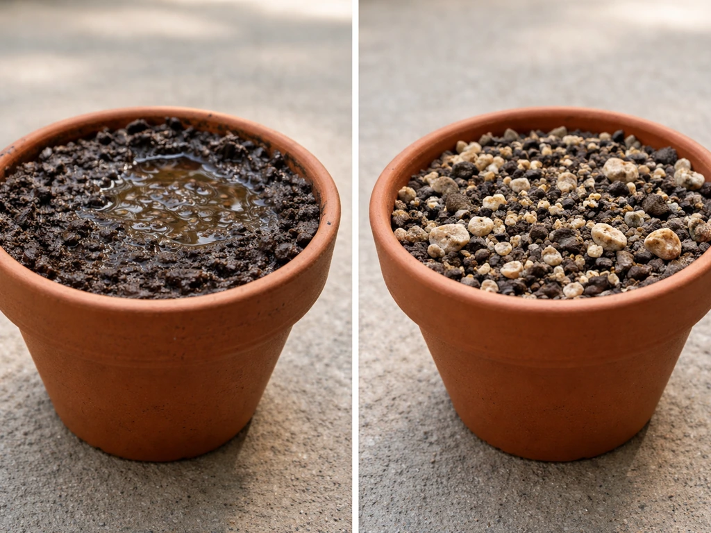 Close-up of two potted soil mixes side by side: wet clay holding water vs gritty cactus mix draining fast.