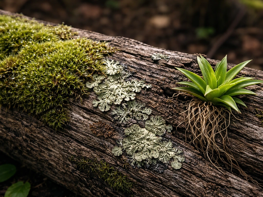 Moss, lichen, and small epiphyte plants growing together on a weathered piece of wood.