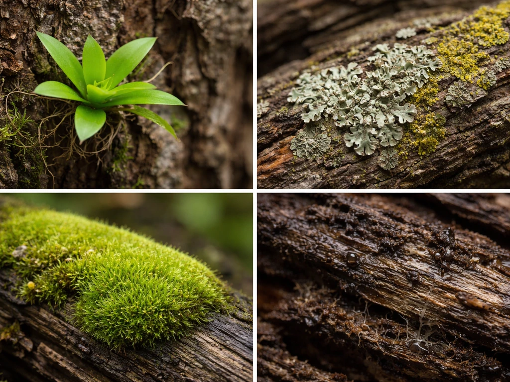 Four close-up wood insets showing epiphytes, lichens, moss, and wood decay textures on bark.