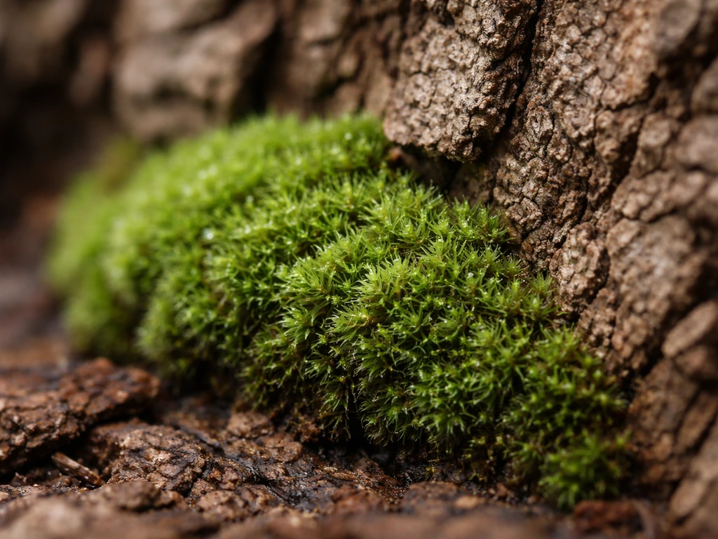 Close-up of cushion moss forming a dense mat against textured tree bark.