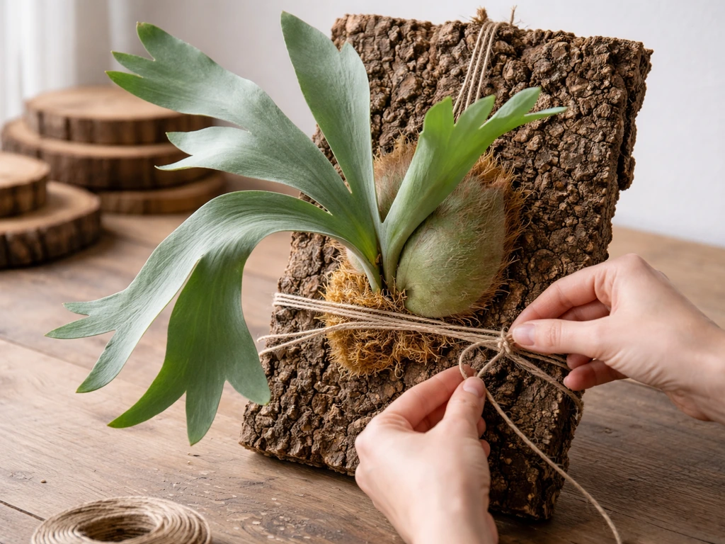 Hands tying twine to secure a staghorn fern onto a cork bark board.