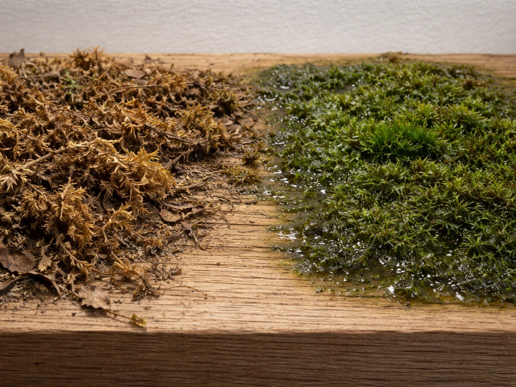 Close-up contrast on a wood mount: dried brown moss/algae sliming vs healthier greener area.