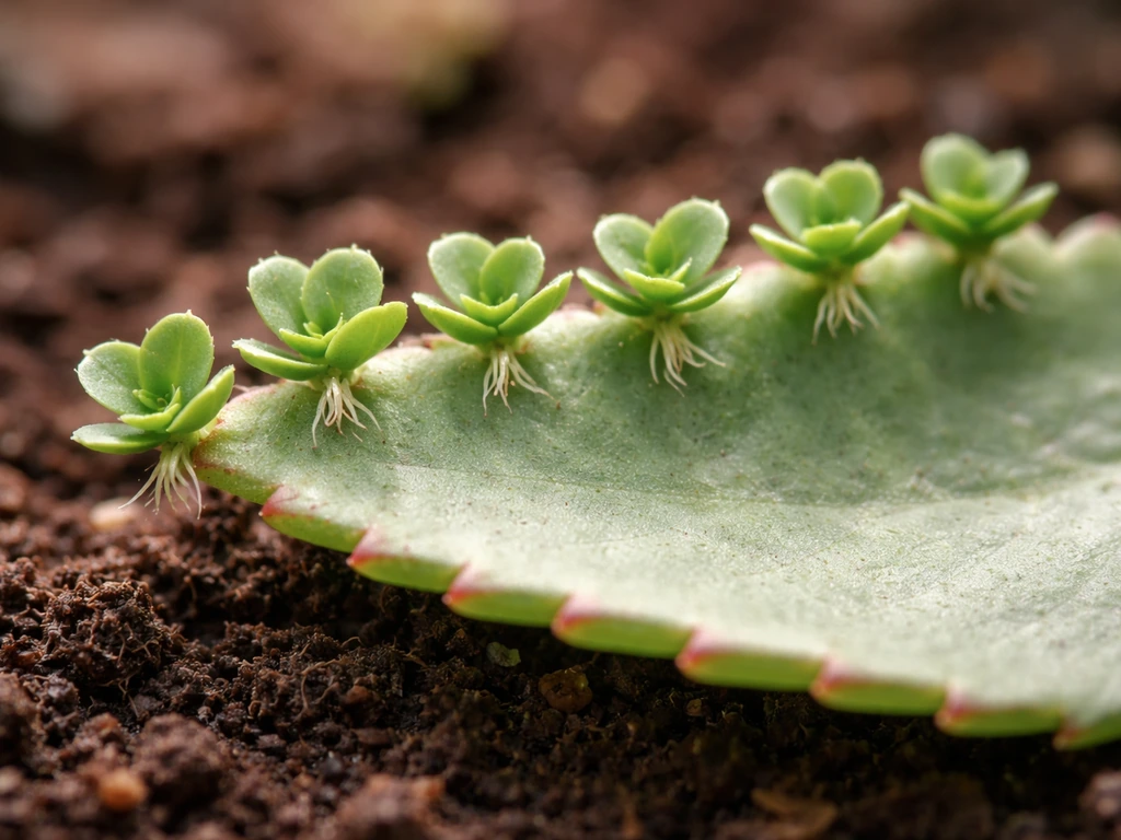 Macro close-up of a Bryophyllum leaf with tiny plantlets sprouting from notches and small root nubs.