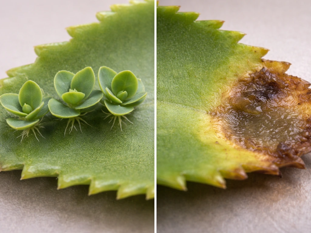 Macro of leaf tissue showing symmetrical Bryophyllum plantlets next to browning and soft leaf decay
