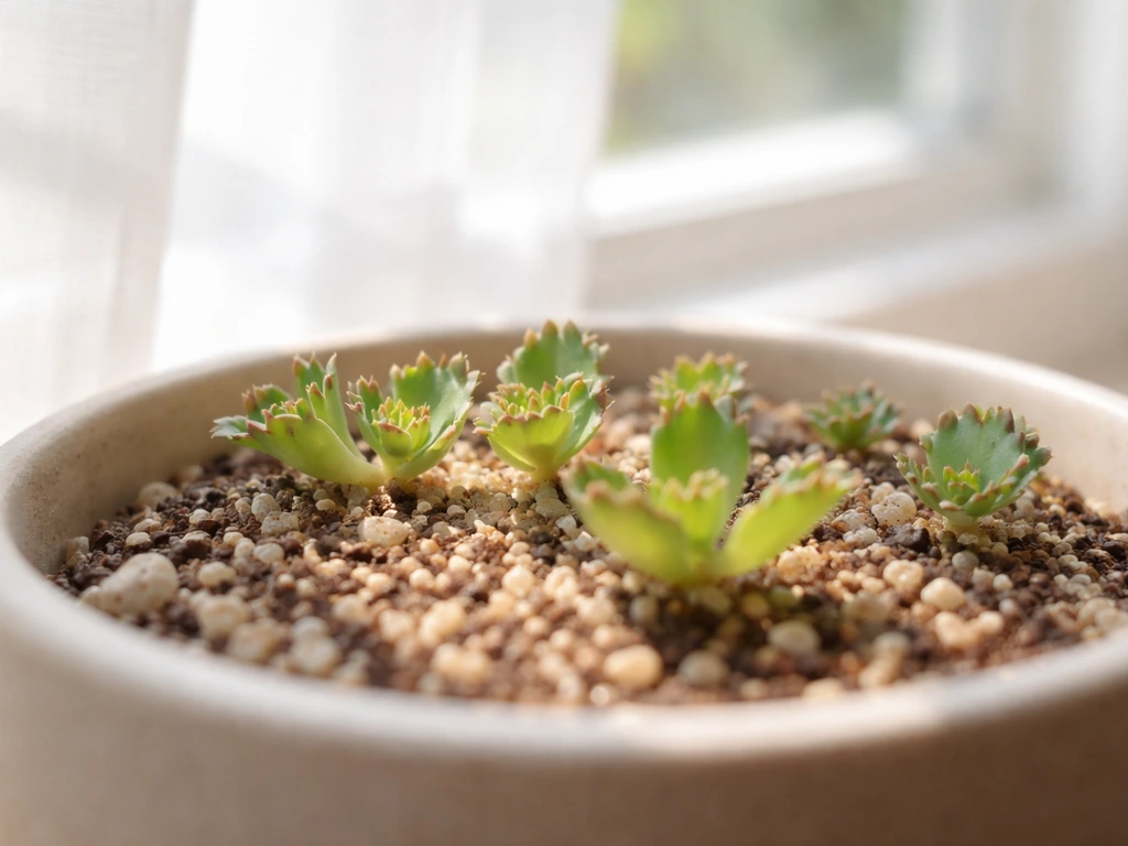 Small succulent plantlets on a sunny windowsill with sheer-curtain filtered light for bright indirect conditions