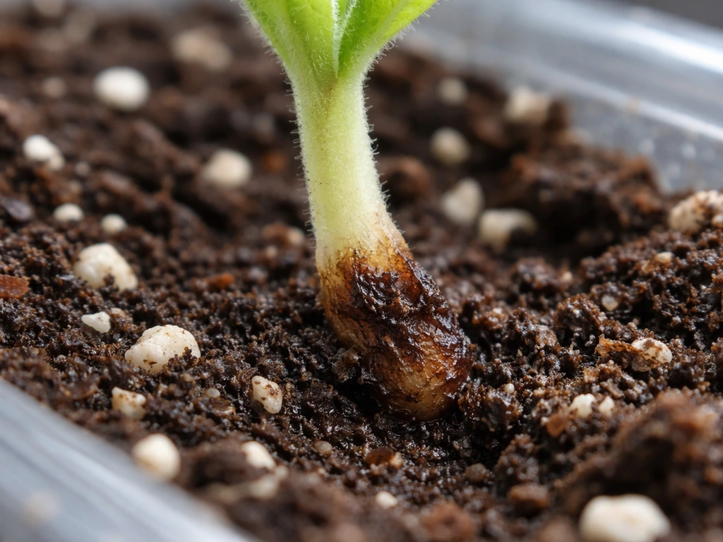 Close-up of a small plantlet base showing early translucent rot turning mushy brown in moist soil