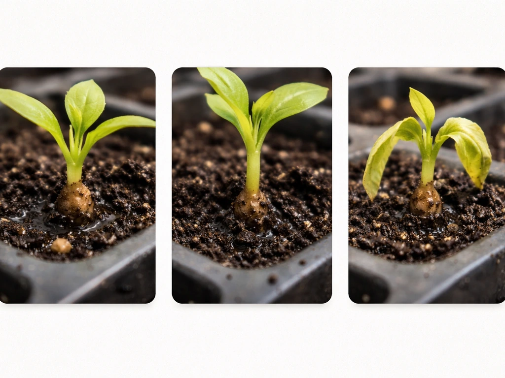 Three close-up mini photos of seedlings: mushy brown base, no roots, and shriveled stressed plantlet.