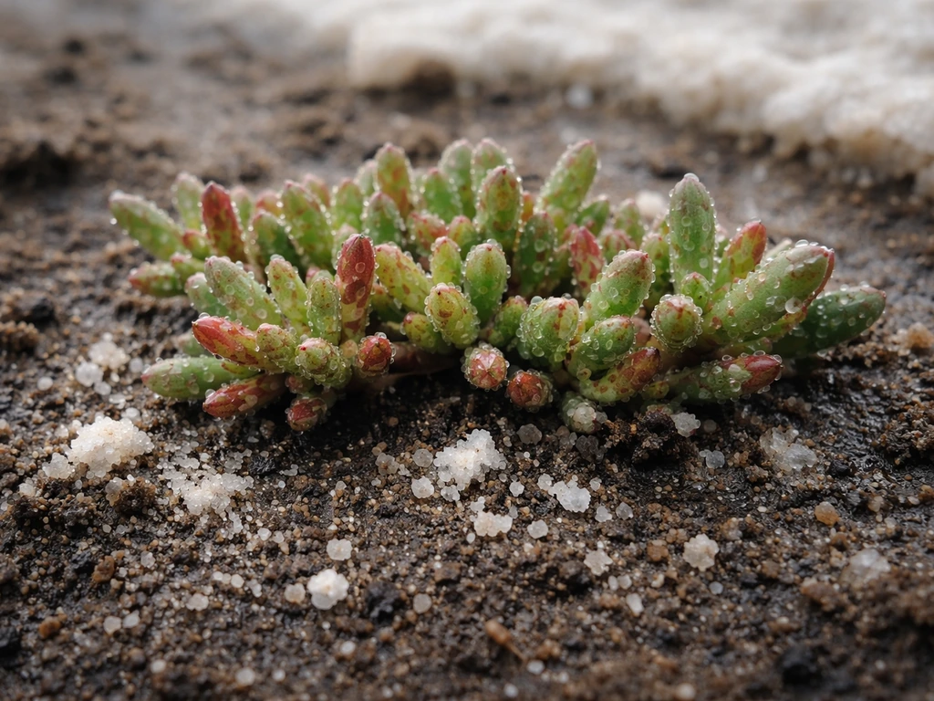 Close view of small salt-tolerant plants growing in dark saline soil near a salty substrate