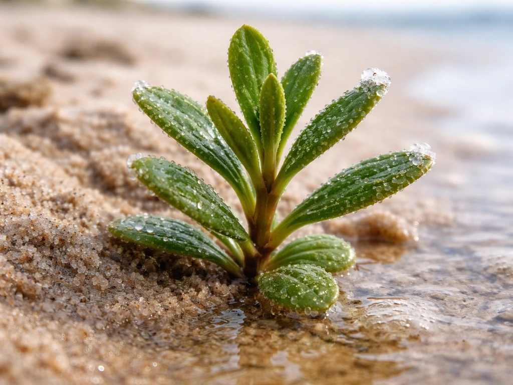 Close-up of a single halophyte plant in sandy soil with saltwater, showing salt collecting on leaf edges.