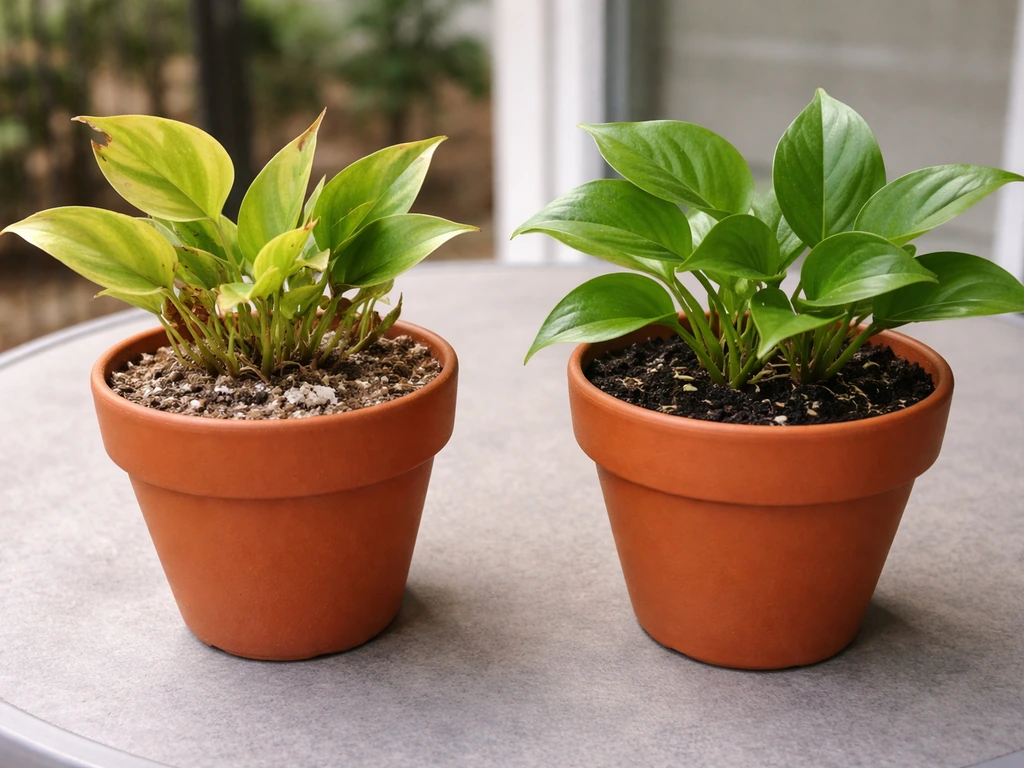 Two potted plants side-by-side showing scorched leaf edges from salinity versus healthier growth.