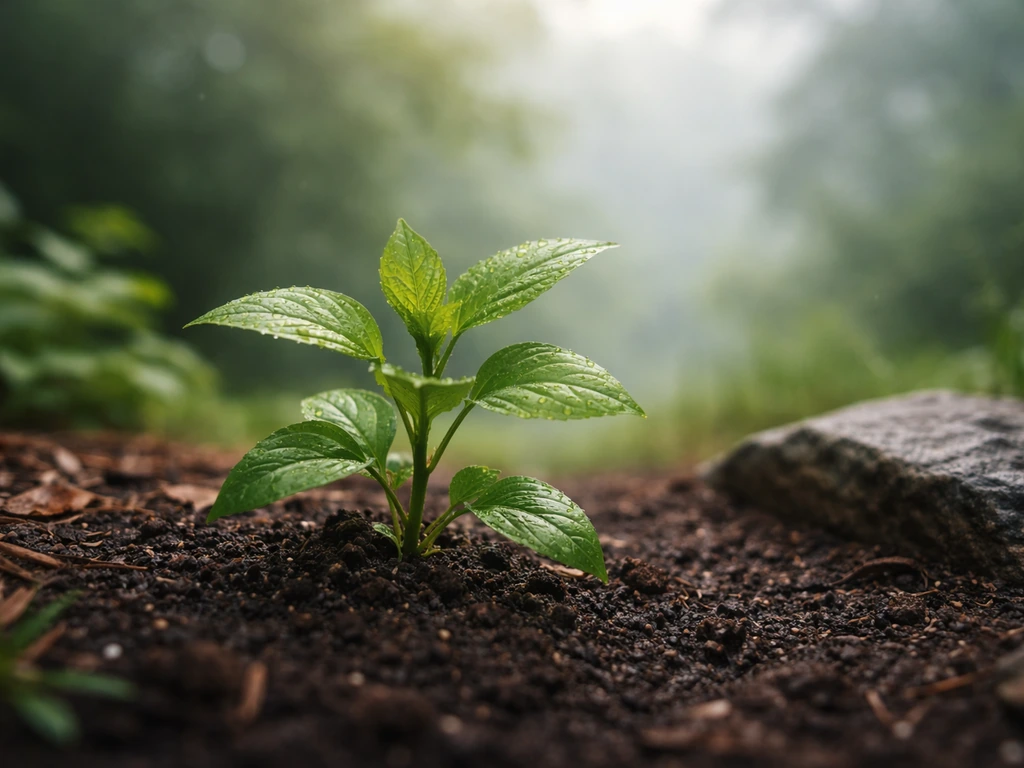 Close-up of a leafy plant in a natural garden setting, with softly blurred hints of climate conditions.
