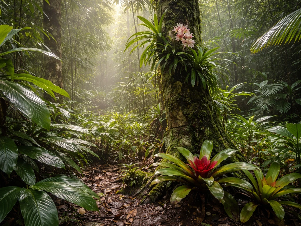 Lush rainforest understory with bromeliads and orchids growing on a damp tree trunk in warm misty light.