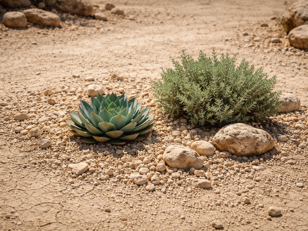 Sparse desert ornamental plants in rocky gravel under bright, dry conditions