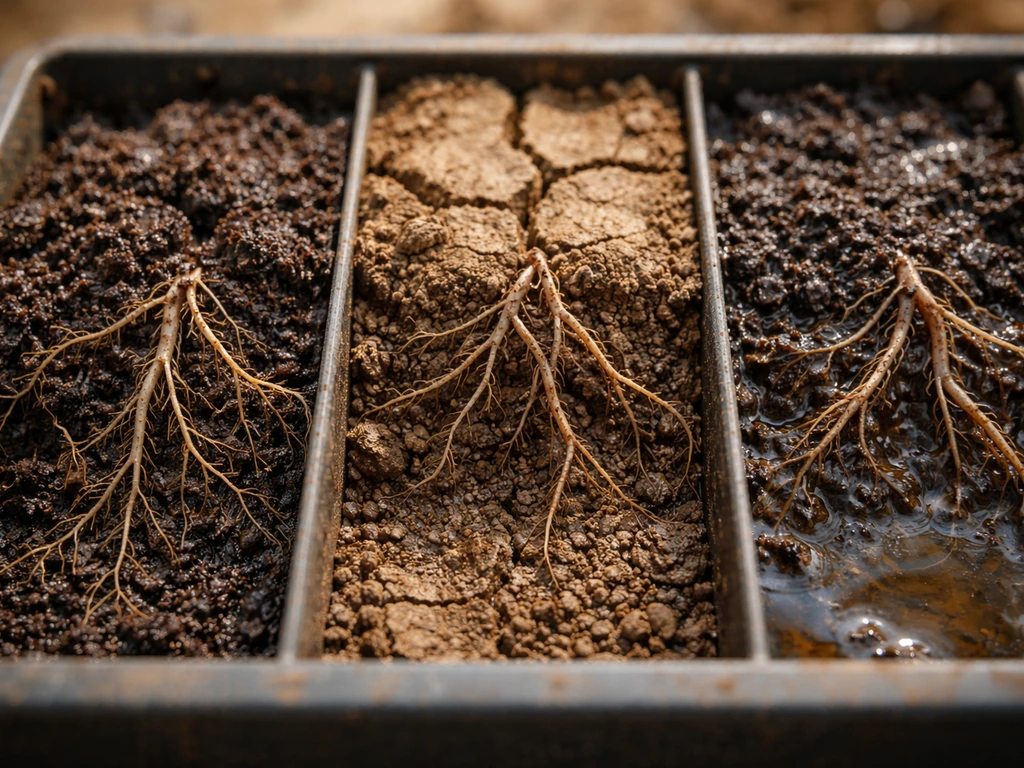 Close-up of healthy roots in moist, well-aerated soil beside dry cracked and waterlogged soil inlets