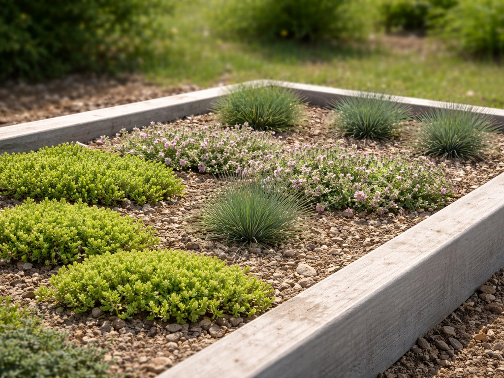 Shallow raised garden bed only 3 inches deep, thriving with sedum, thyme, and small grasses in thin soil.