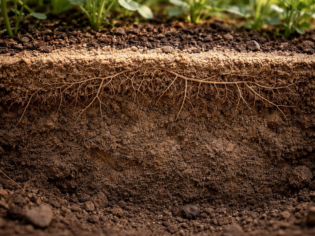 Cross-section of shallow soil with roots stopping at a compact subsoil rooting limit.