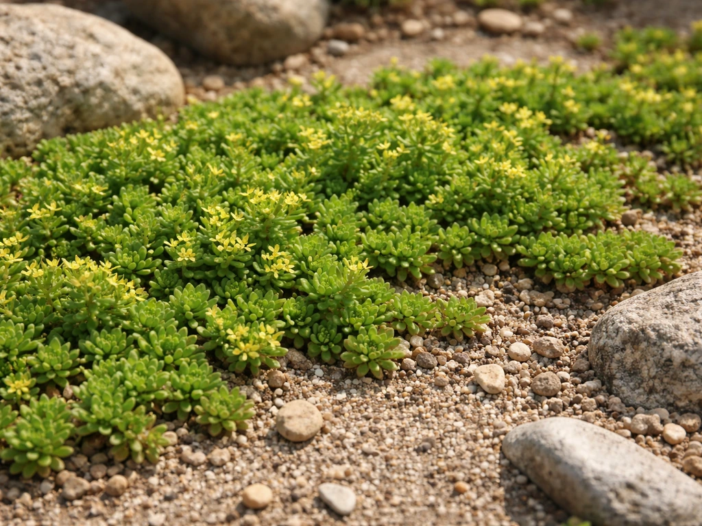 Creeping sedum stonecrop carpeting shallow gritty soil with small stones and tiny blooms.