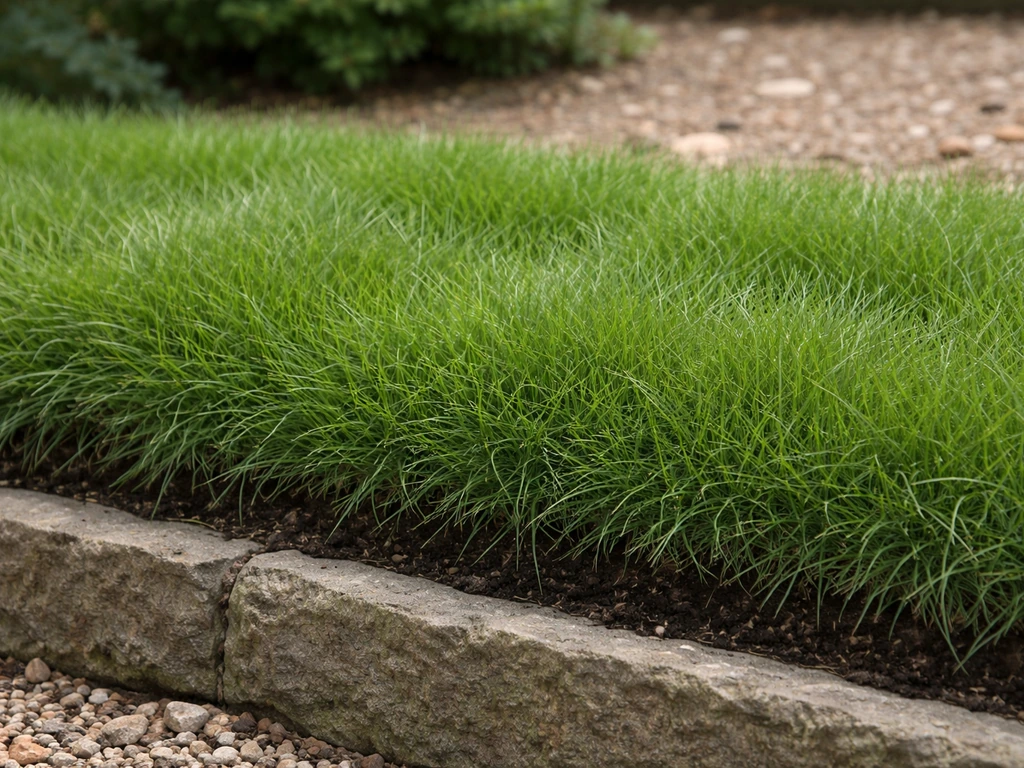 Close landscape view of fine fescue forming dense clumps in a shallow planting edge