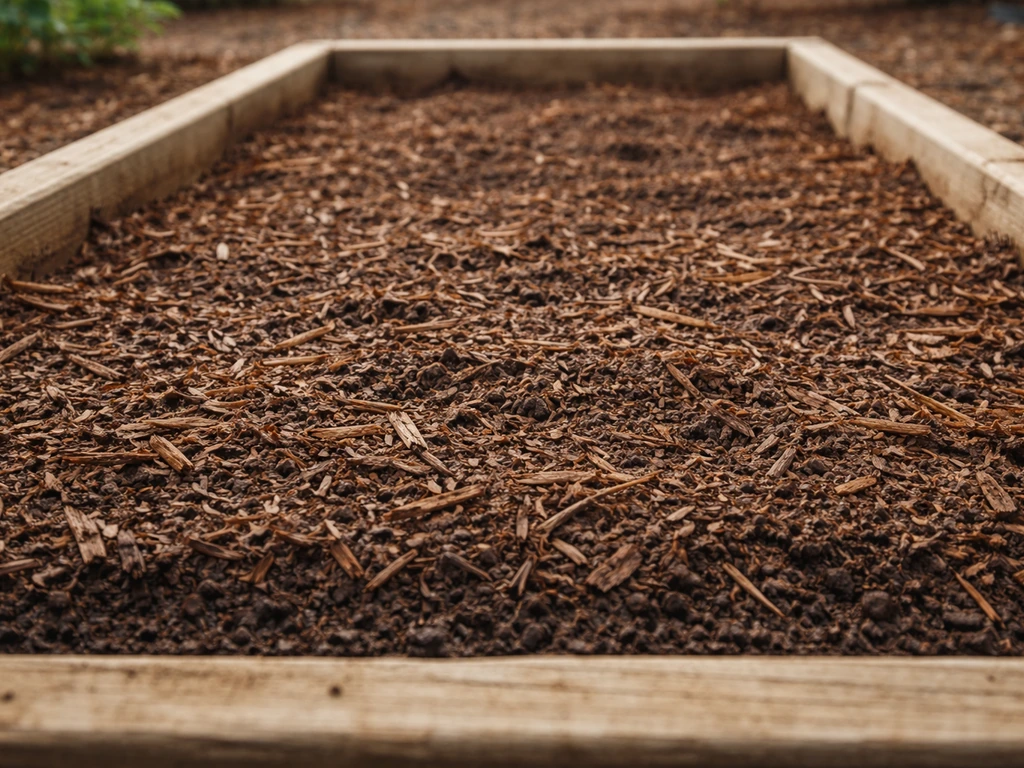 Close-up of a shallow 3-inch garden bed with a thin mulch layer on top in natural light.