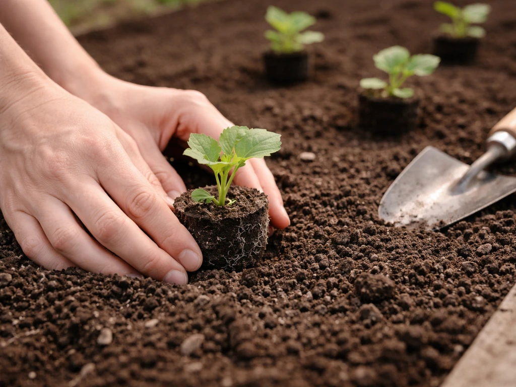 Hands placing a small plant plug in shallow soil, top level with the soil surface