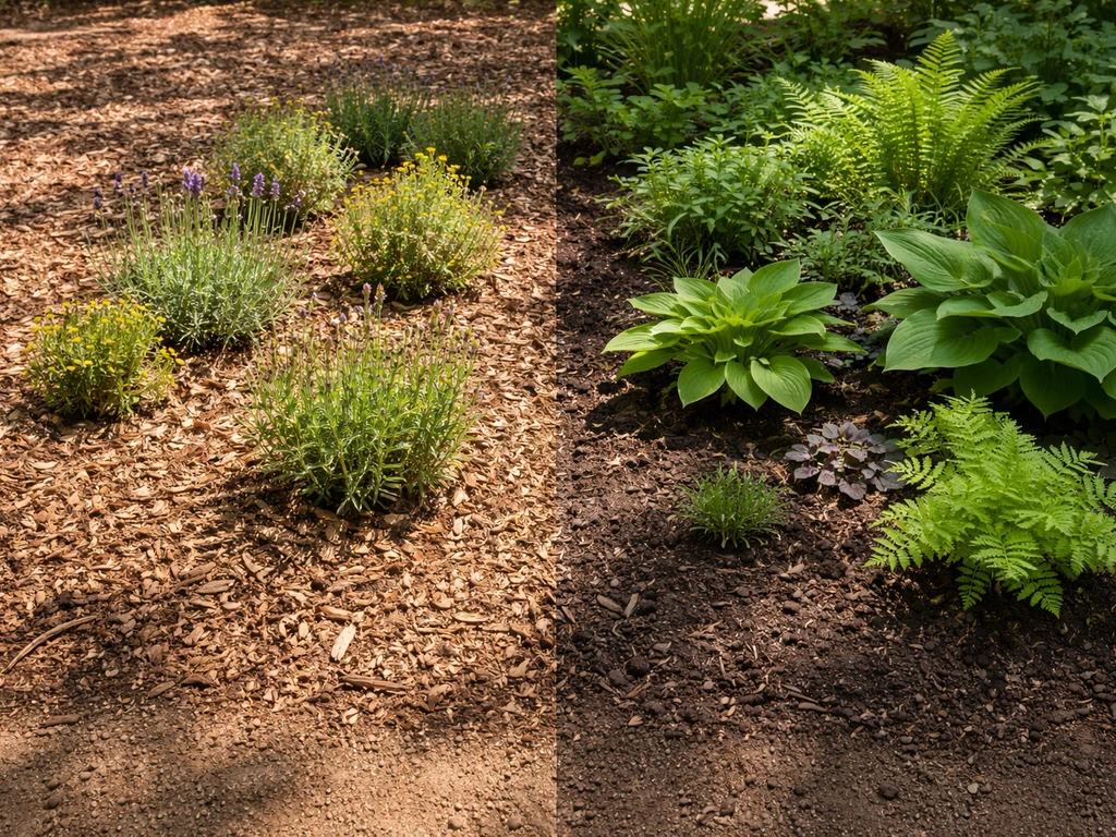 Split-scene yard beds showing thriving in-ground plants in different light and moisture conditions