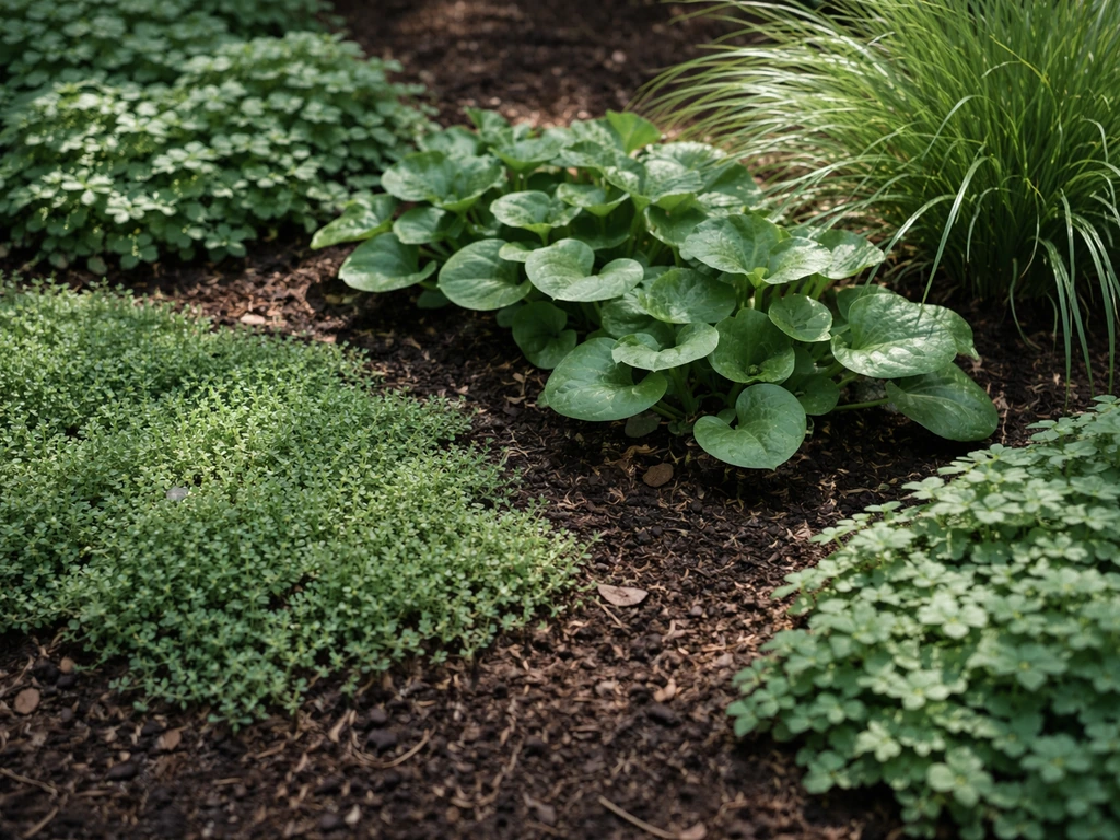 Assorted in-ground plants—groundcovers, creeping thyme, wild ginger, and ornamental grasses—in a natural planted bed.