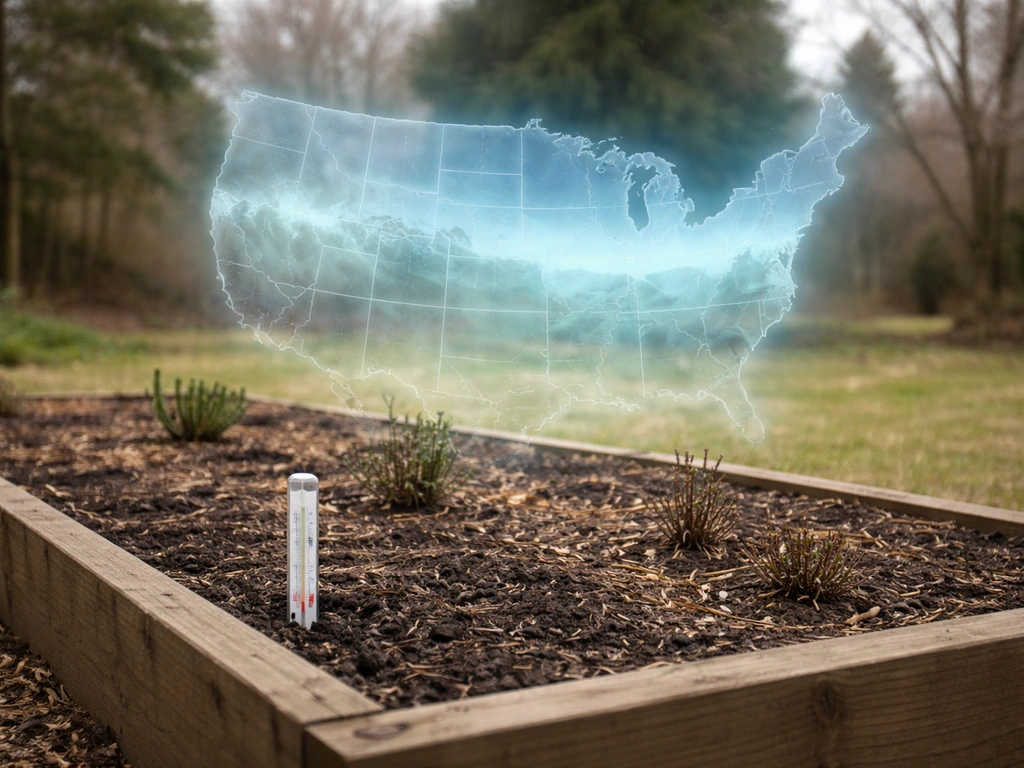 Outdoor garden bed with a thermometer and faint zone-map overlay suggesting cold-winter suitability.