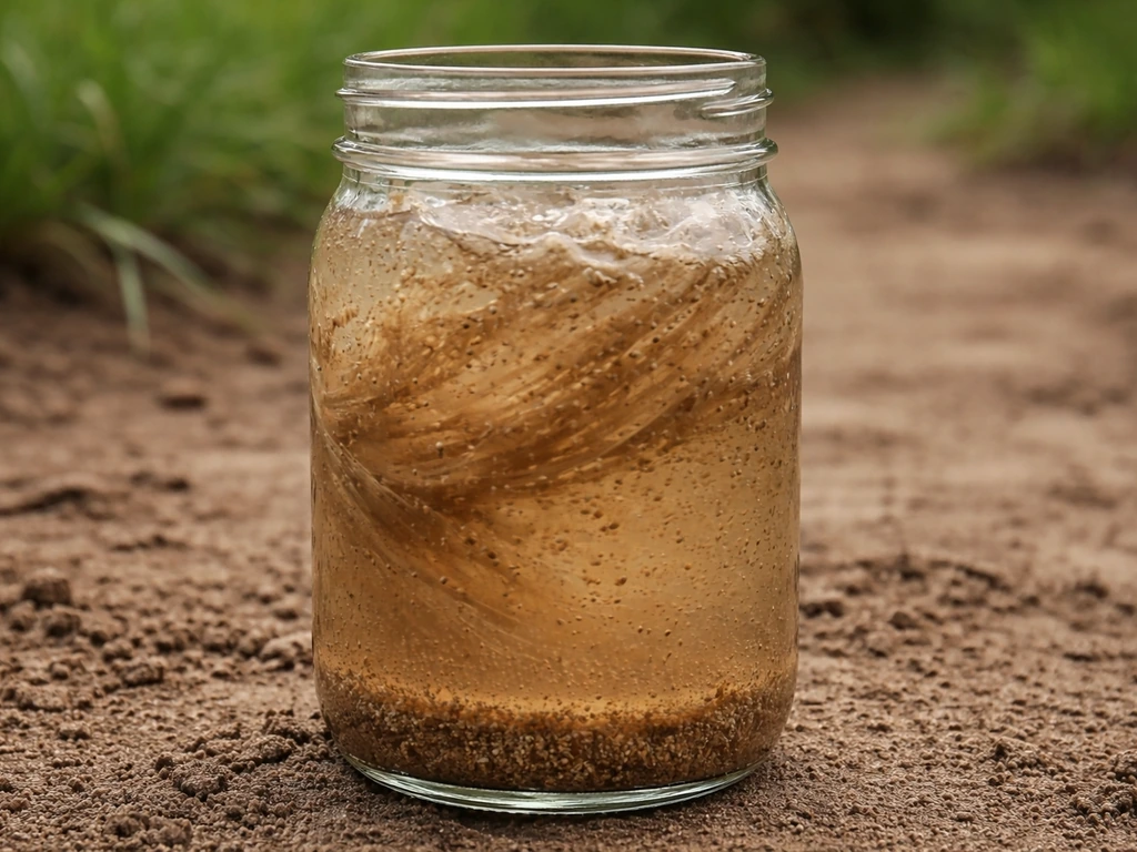 Clear glass jar outdoors with soil and water being shaken as particles begin to settle