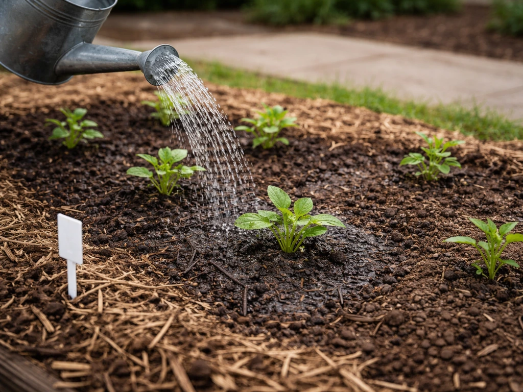 Garden bed with young plants, mulch, and a watering can being used, showing planting and spacing markers