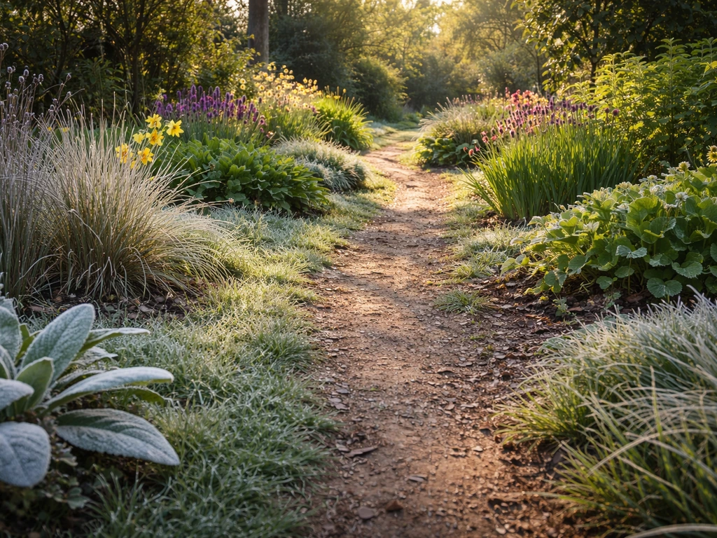 Sunlit garden pathway with frosty edges transitioning to fresh green growth, showing seasonal hardiness.