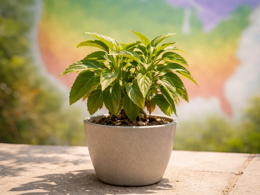 A potted plant in harsh summer heat beside a blurred hardiness-zone style color backdrop.