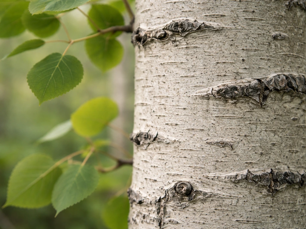 Close-up of quaking aspen bark and fluttering leaves in soft natural light.
