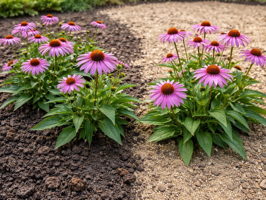 Purple coneflowers growing in a bed showing adjacent clay-like and sandy-like soil areas.