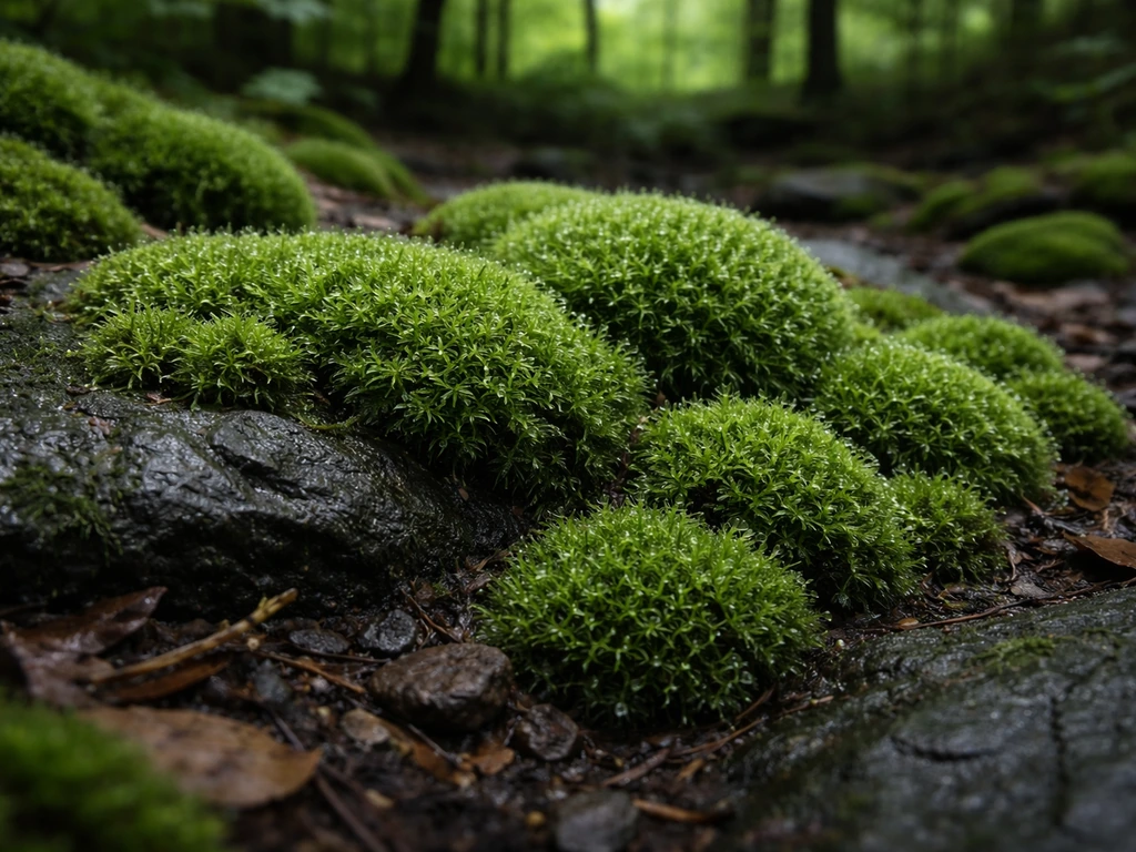 Close-to-ground view of lush moss thriving on a shaded, moist forest rock and soil