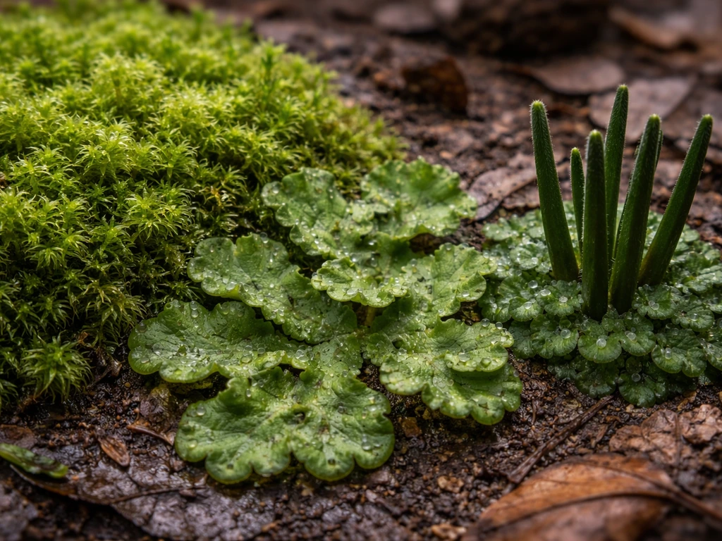 Close-up bryophytes: moss, liverwort, and hornwort growing in a damp forest patch