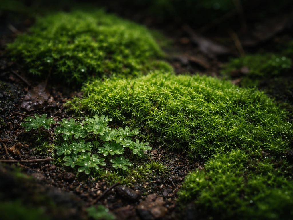 Moss and liverwort mats thrive on a damp forest floor in dim, shaded understory light.