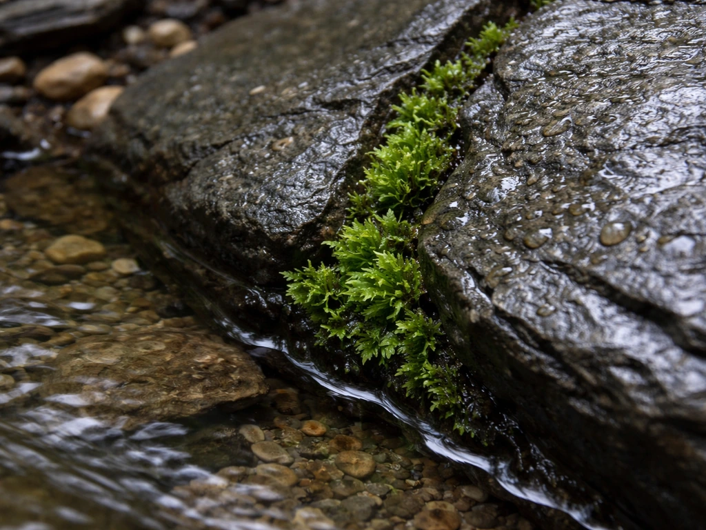 Wet stream-edge rock with green bryophytes growing in crevices near flowing water
