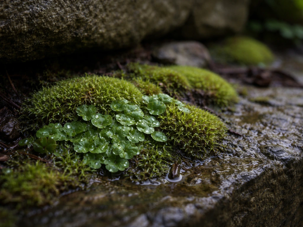 Close-up of moss on a damp shaded rock surface, showing moisture cues for non-vascular plants